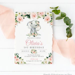 Pink Floral Elephant First Birthday Editable Invitation, Printable Girl Invite Template, Blush Elephant 1st Birthday, Instant Download 008-W