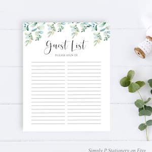 Eucalyptus Guest List Printable Sheet, Baby Shower Guest List, Greenery Sign in Sheet, Foliage Bridal Shower Guest List, Inst Download 022-W