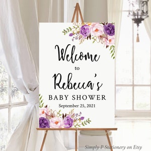 Purple Boho Floral Editable Welcome Sign, Lilac Baby Shower Sign Template, Girl, Printable Unlimited Custom Signs, 3 sizes Download 030-W