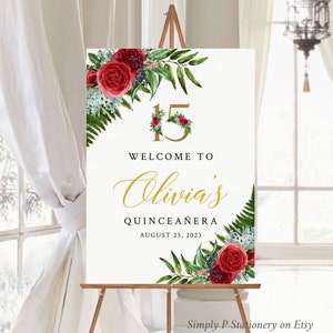 Red Rose Quinceañera Editable Welcome Sign, Red Gold Quince Birthday Sign Template, Printable Unlimited Custom Signs, 3 sizes Download 058-W