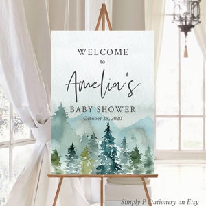 Signo de bienvenida editable de montañas, plantilla de signo de baby shower de bosque, signos personalizados ilimitados imprimibles de bosque rústico, 2 tamaños, descargar 049-W