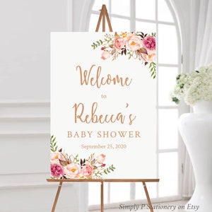 Cartello di benvenuto boho color oro rosa modificabile, modello di cartello per baby shower con fiori rosa, cartelli personalizzati stampabili illimitati, 5 formati A1 A2 Download 025-RG