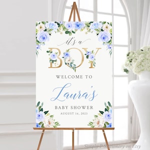 It&#39;s a Boy Blue Gold Floral Editable Baby Shower Welcome Sign, Greenery Sign Template, Printable Custom Sign, 5 sizes A1 A2, Download, 006-W