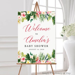 Tropical Editable Welcome Sign, Pink Hibiscus Baby Shower Sign Template, Greenery Printable Unlimited Custom Signs, 3 sizes, Download, 048-W