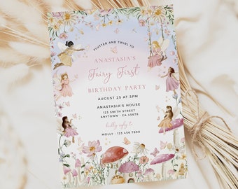 Fairy First Birthday Invitation for a Girl, Enchanted Forest 1st Birthday Invite Printable, Magical Birthday Party, Editable Template, 079-A