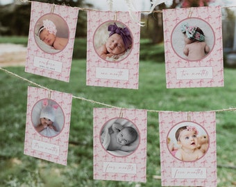 May include: A set of pink baby milestone cards with a pink and white floral pattern. Each card features a circle with a baby's photo and the age in months. The cards are strung together with twine.