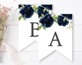 Navy White Gold Editable Bunting, Blue Mis Quince Floral DIY Banner Template, Quinceañera Printable Garland, Templett Instant Download 070-W