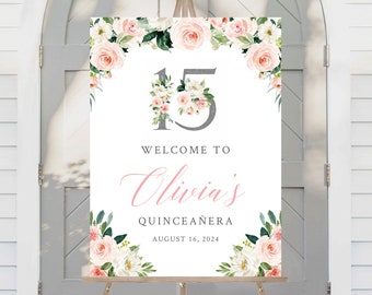 Silver Blush Quinceañera Floral Editable Welcome Sign, Pink Birthday Sign Template, Printable Unlimited Custom Signs, 3 sizes Download 016-W