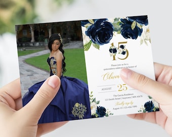 May include: A blue and white floral quinceañera invitation with a gold 15. The invitation includes a photo of the quinceañera, the date, time, and location of the event. The text reads: "Please join us for a quinceañera celebration in honor of Olivia. August 25. The Garcia Residence 123 Smith Street | Anytown | MN 45678. Kindly RSVP by August 15 | 123-456-7890."
