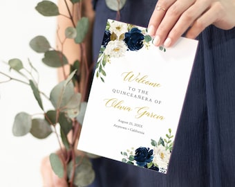 Bewerkbare marine witgouden bloemen quinceañera boekje programma, blauwe afdrukbare mis kweepeer dubbelgevouwen sjabloon, 15 XV jaar, Instant Download 070-W