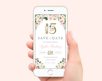 Blush Quinceañera Save the Date, Digital Pink Gold Quince Evite, Electronic Save the Date, 15 Social Media Text, Editable Template, 016-W