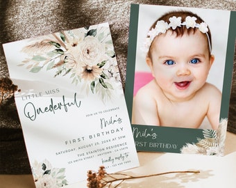 First Birthday Invitation, Onederful Birthday Invite Girl, Printable Sage Birthday Invite, Birthday Invite Photo, Editable Template 027-W