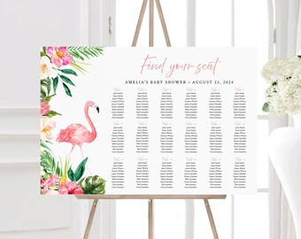 Flamingo Editable Seating Chart, Printable Tropical Table Plan Template, Pink Hibiscus Foliage, 18 x 24 24 x 36 A1 A2 Instant Download 056-W