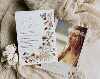 May include: A watercolor floral design with butterflies on a white card. The card is an invitation to a sweet sixteen birthday party for Laurel Grayson. The invitation includes the date, time, and location of the party. The card also includes a phone number to RSVP.