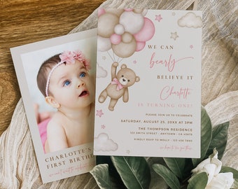 Bear First Birthday Invitation Girl 1st Birthday Invite, Bearly Believe It Birthday Invite with Photo Printable Pink Editable Template 044-P