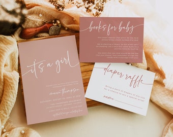 Girl Baby Shower Invitation Set, Dusty Pink Baby Shower Bundle, It's a Girl Invite, Boho Invite, Diaper Raffle, Book Insert, Editable, 001-P