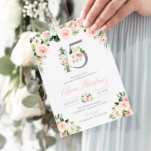 Silver Blush Floral Quinceañera Birthday Editable Invitation, Printable Mis Quince Invite Template, Pink Silver 15 XV Instant Download 016-W