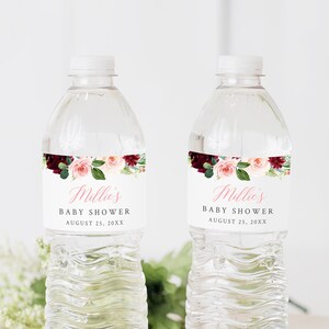 Étiquettes de bouteille d'eau de douche de bébé de fille, autocollants de bouteille d'eau de blush de Bourgogne, décor de douche de bébé de fille, décor de buffet, modèle modifiable, 024-W