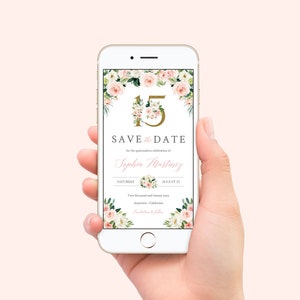 Blush Quinceañera Save the Date, Digital Pink Gold Quince Evite, Electronic Save the Date, 15 Social Media Text, Editable Template, 016-W