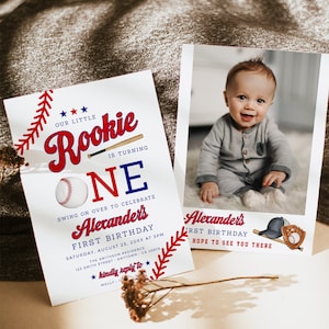 Invitación de primer cumpleaños de béisbol para niño, invitación de primer cumpleaños de béisbol, foto de invitación de cumpleaños imprimible, plantilla editable para fiesta de béisbol 075-A