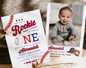 Convite de Aniversário de 1 Ano com Tema de Beisebol para Menino, Convite de Aniversário com Foto para Imprimir, Modelo Editável para Festa de Beisebol 075-A