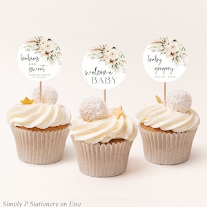 Toppers de cupcake Boho, Toppers de chá de bebê verde sálvia, etiqueta redonda de grama de pampas, decoração de bolo, etiqueta de buffet imprimível, modelo editável 027-W