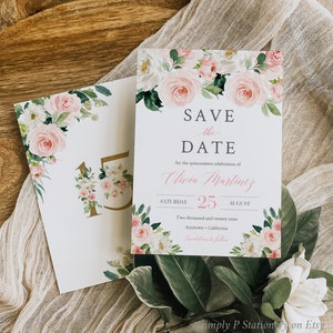 Erröten Quinceanera Save the Date, Quitte Save the Date Karte, Rosa Gold Floral Save the Date, Printable 15 Save Date, Editierbare Vorlage, 016-W