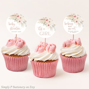 Toppers de cupcake Boho, etiqueta redonda de grama de pampas, decoração de bolo Boho, decoração de buffet Boho, modelo editável de decoração de chá de bebê blush 028-W