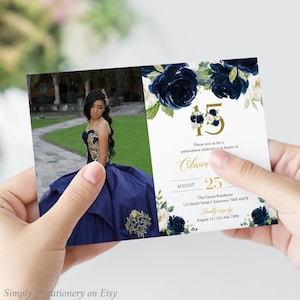 Navy White Gold Editable Photo Quinceanera Invitation, Printable Blue Mis Quince XV Invite Template, Navy Roses Gold, Instant Download 070-W