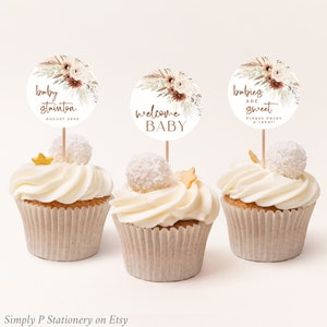 Boho Baby Shower Cupcake Toppers, Terrakotta Toppers, Pampasgras Rundes Etikett, Kuchen Dekor, druckbares Buffet Etikett, bearbeitbare Vorlage 026-W