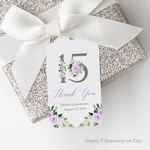 Etiqueta de Quinceañera Editable en Lila Plateada, Plantilla de Etiqueta Floral Morada, Etiqueta de Mis Quince, Etiqueta Imprimible Personalizada, Descarga Instantánea 017-W