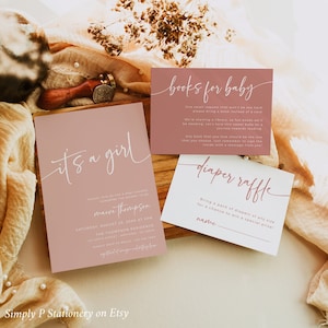 Girl Baby Shower Invitation Set, Dusty Pink Baby Shower Bundle, It&#39;s a Girl Invite, Boho Invite, Diaper Raffle, Book Insert, Editable, 001-P