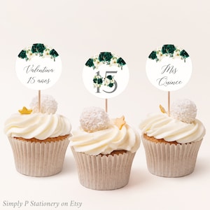 Silver Emerald Editable Cupcake Toppers, Green Floral Printable Cupcake Topper Template, Quinceañera Decor Mis XV, Instant Download 073-W