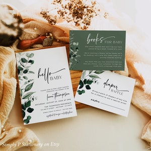 Greenery Baby Shower Invitation Set, Botanical Baby Shower Bundle, Hello Baby, Eucalyptus Invite, Diaper Raffle Book Insert, Editable 029-W