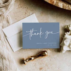 Carte de remerciement bleu poussiéreux, Boy Baby Shower Merci, Merci moderne, Merci minimal, Minimaliste, Boho Merci, Modèle modifiable, 001-B