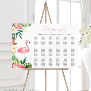 Flamingo bewerkbare zitplaatsen grafiek, afdrukbare tropische tafelplan sjabloon, roze Hibiscus gebladerte, 18 x 24 24 x 36 A1 A2 Instant Download 056-W