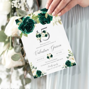 Editable Emerald Silver Floral Quinceanera Birthday Invitation, Printable Mis Quince Años Invite Template Green 15 XV Instant Download 073-W