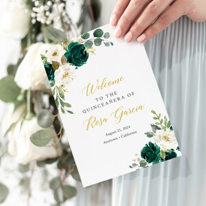 Editable Emerald Green Gold Floral Quinceañera Booklet Program, Printable Mis Quince Bi-Fold Template, 15 XV Años, Instant Download 065-W