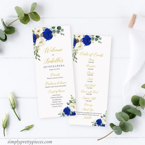 Royal Blue Gold Floral Quinceañera Editable Program, Blue Printable Mis Quince Order of Events Template, 15 XV Años, Instant Download 069-W