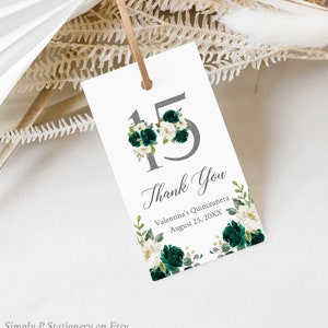 Emerald White Silver Editable Quinceanera Tag, Green Favor Tag Template, Mis Quince Tag, Personalised Printable Tag, Instant Download 073-W