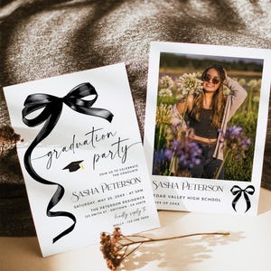 Black Bow Graduation Party Invitation with a Photo, Modern Grad Party Invite Template, Printable Graduation Announcement, Editable, 059-A