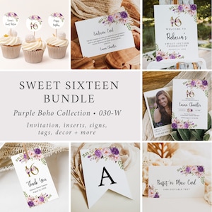 Boho Sweet Sixteen Bundle, Sweet 16 Invitation Set, Sweet 16 Party Pack, Lilac Floral Birthday Decor, Welcome Sign, Editable Template, 030-W