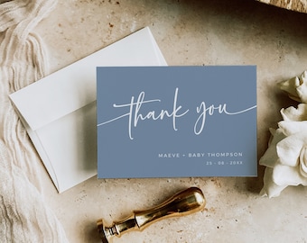 Dusty Blue Thank You Card, Boy Baby Shower Thank You, Modern Thank You, Minimal Thank You, Minimalist, Boho Thanks, Editable Template, 001-B