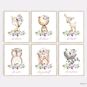 Lilac Floral Woodland Animals Nursery Art, Purple Rabbit Bear Deer Owl Fox Raccoon Printable Nursery Decor, Set of 6 Instant Download 617-A