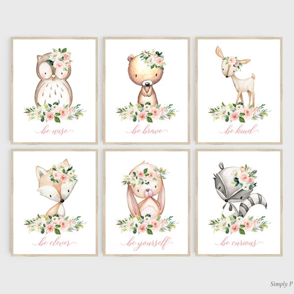 Blush Pink Floral Woodland Animals Nursery Art, Rabbit Bear Deer Owl Fox Raccoon Printable Nursery Decor, Set of 6 Instant Download 621-A