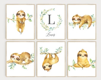 Sloths Monogram Nursery Art, Sloth Personalized Wall Art, Sleepy Sloths Greenery Wall Art, Sloth Prints, Boy Girl, Set di 6, Scarica 634-A