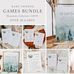 Woodland Editable Baby Shower Games Bundle, Rustic Mountain Games Template, Printable Forest Baby Shower Game Pack, Instant Download 049-W