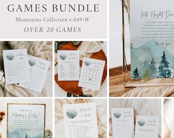 Woodland Editable Baby Shower Games Bundle, Rustic Mountain Games Template, Printable Forest Baby Shower Game Pack, Instant Download 049-W