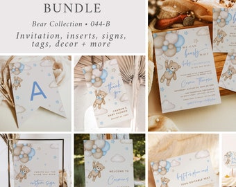 We Can Bearly Wait Baby Shower Bundle Boy Bear Baby Shower Bundle Teddy Bear Baby Shower Bundle Template Editable Invitation Set Blue, 044-B