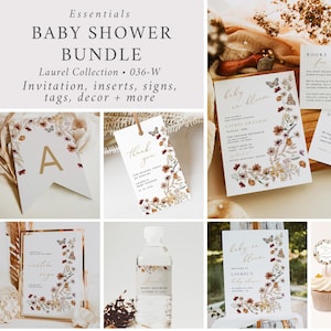 Wildflower Baby Shower Bundle Girl, Fall Baby Shower Pack, Baby in Bloom Baby Shower Kit Template Pack Editable Invitation Set Neutral 036-W